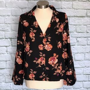 NWT BP Notched Collar Floral Print Top Black